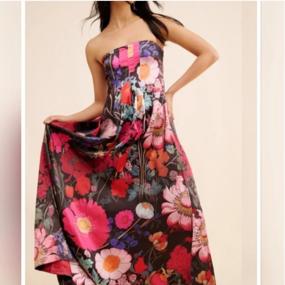Free People Floral Strapless Maxi Dress - Pink and Black